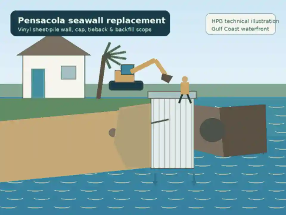 Technical illustration of a residential seawall replacement concept with sheet pile, cap, tieback and backfill.