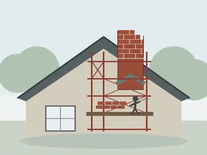 Technical illustration of a brick chimney being reconstructed above a house roof with masonry scaffolding in place.